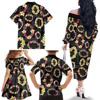 Hawaiian Kakau Tattoo Leis and Palaka Pattern Family Matching Off The Shoulder Long Sleeve Dress and Hawaiian Shirt Traditional Aloha Tribal Black Color