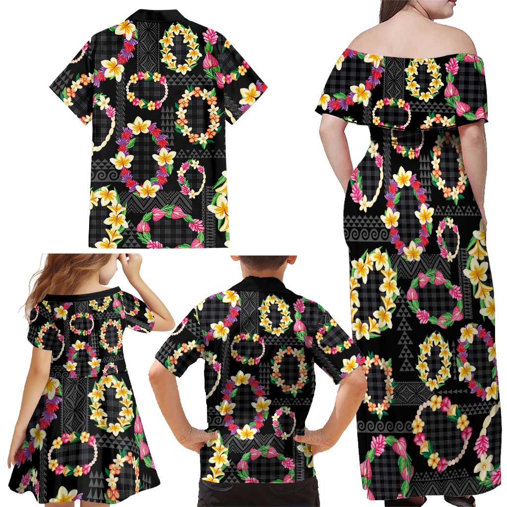 Hawaiian Kakau Tattoo Leis and Palaka Pattern Family Matching Off Shoulder Maxi Dress and Hawaiian Shirt Traditional Aloha Tribal Black Color