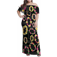 Hawaiian Kakau Tattoo Leis and Palaka Pattern Family Matching Off Shoulder Maxi Dress and Hawaiian Shirt Traditional Aloha Tribal Black Color