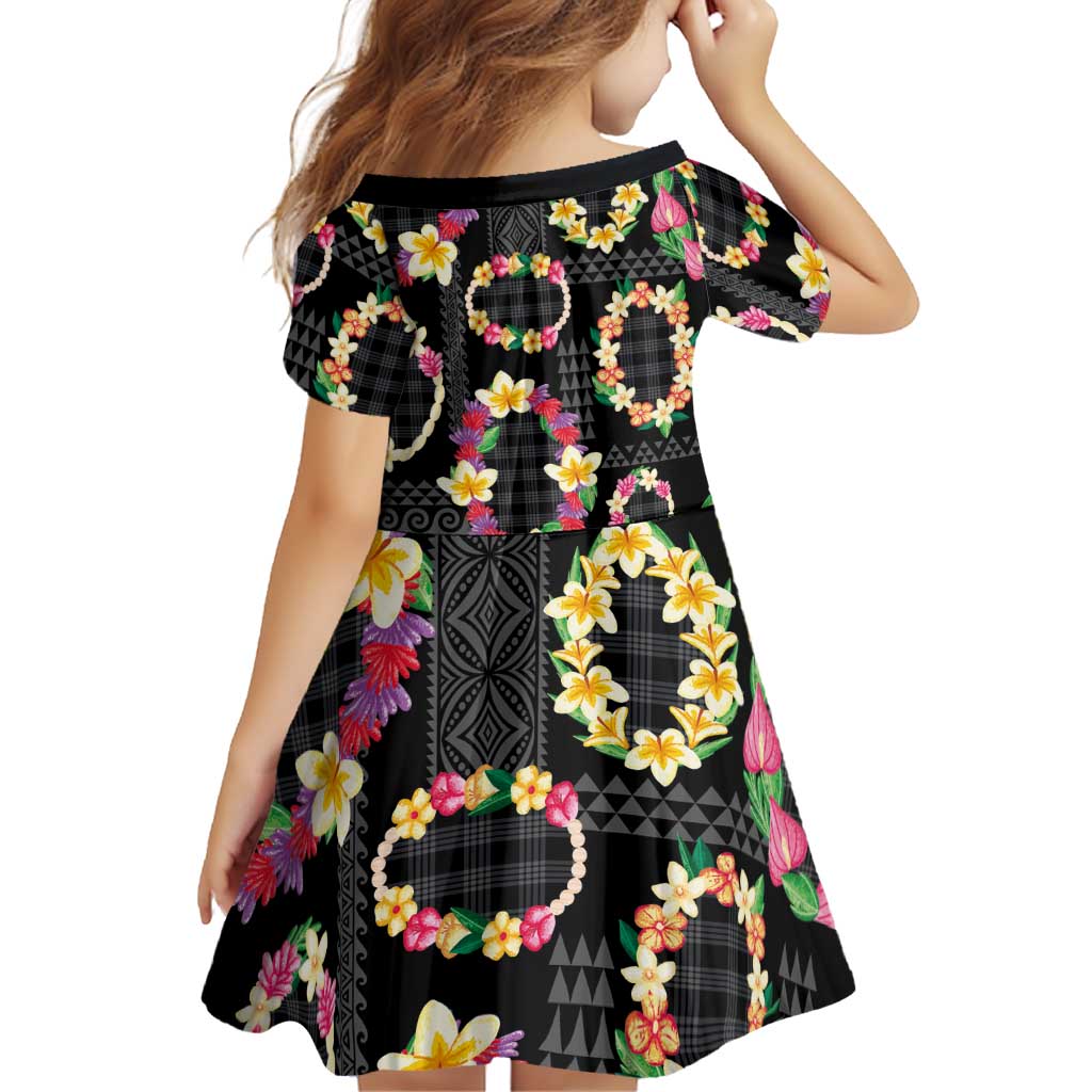 Hawaiian Kakau Tattoo Leis and Palaka Pattern Family Matching Off Shoulder Short Dress and Hawaiian Shirt Traditional Aloha Tribal Black Color