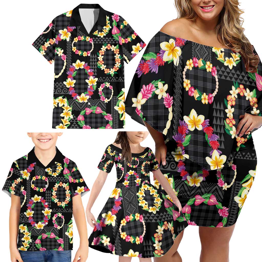 Hawaiian Kakau Tattoo Leis and Palaka Pattern Family Matching Off Shoulder Short Dress and Hawaiian Shirt Traditional Aloha Tribal Black Color