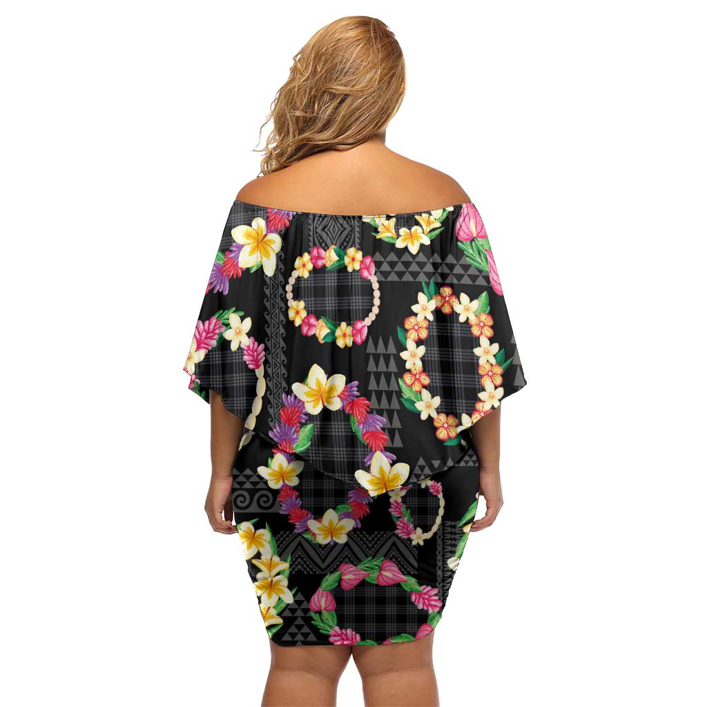 Hawaiian Kakau Tattoo Leis and Palaka Pattern Family Matching Off Shoulder Short Dress and Hawaiian Shirt Traditional Aloha Tribal Black Color