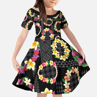 Hawaiian Kakau Tattoo Leis and Palaka Pattern Family Matching Short Sleeve Bodycon Dress and Hawaiian Shirt Traditional Aloha Tribal Black Color