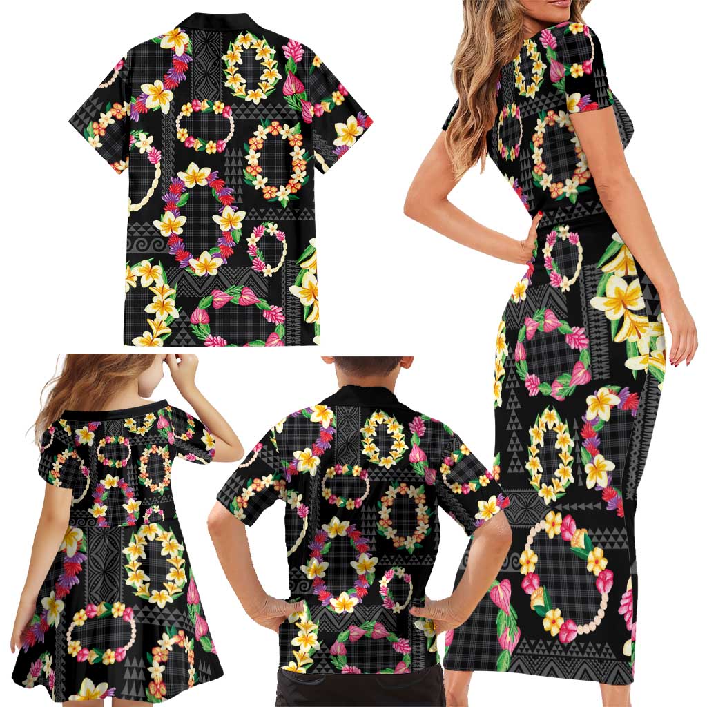 Hawaiian Kakau Tattoo Leis and Palaka Pattern Family Matching Short Sleeve Bodycon Dress and Hawaiian Shirt Traditional Aloha Tribal Black Color