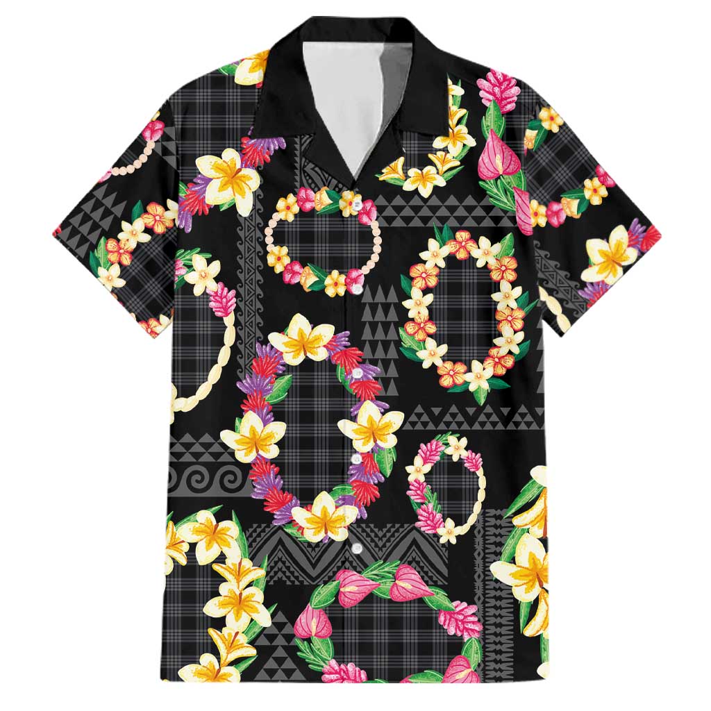 Hawaiian Kakau Tattoo Leis and Palaka Pattern Family Matching Short Sleeve Bodycon Dress and Hawaiian Shirt Traditional Aloha Tribal Black Color