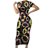 Hawaiian Kakau Tattoo Leis and Palaka Pattern Family Matching Short Sleeve Bodycon Dress and Hawaiian Shirt Traditional Aloha Tribal Black Color