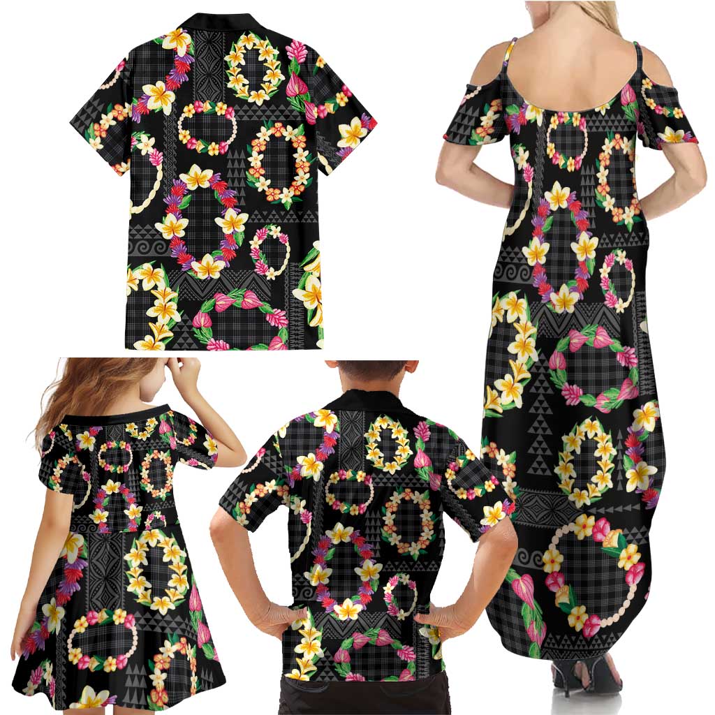 Hawaiian Kakau Tattoo Leis and Palaka Pattern Family Matching Summer Maxi Dress and Hawaiian Shirt Traditional Aloha Tribal Black Color