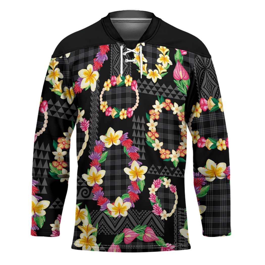 Hawaiian Kakau Tattoo Leis and Palaka Pattern Hockey Jersey Traditional Aloha Tribal Black Color
