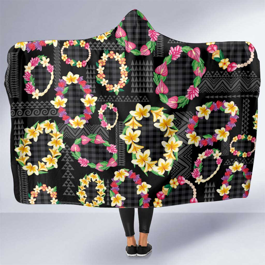 Hawaiian Kakau Tattoo Leis and Palaka Pattern Hooded Blanket Traditional Aloha Tribal Black Color LT03 One Size Black - Polynesian Pride