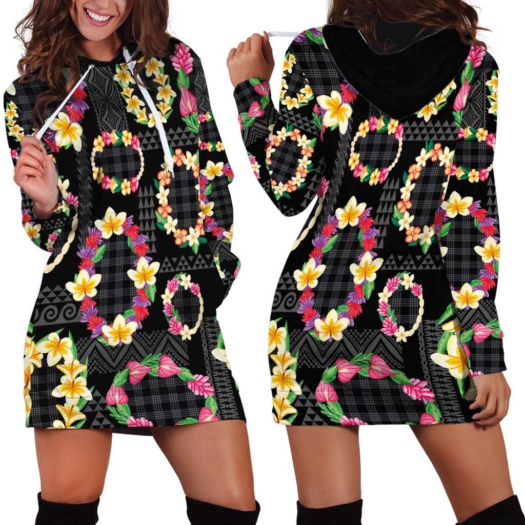 Hawaiian Kakau Tattoo Leis and Palaka Pattern Hoodie Dress Traditional Aloha Tribal Black Color