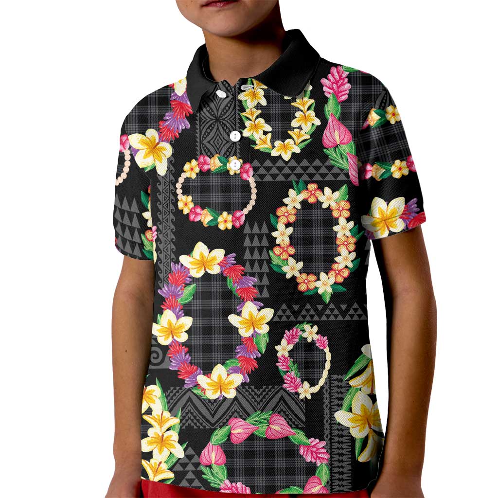 Hawaiian Kakau Tattoo Leis and Palaka Pattern Kid Polo Shirt Traditional Aloha Tribal Black Color