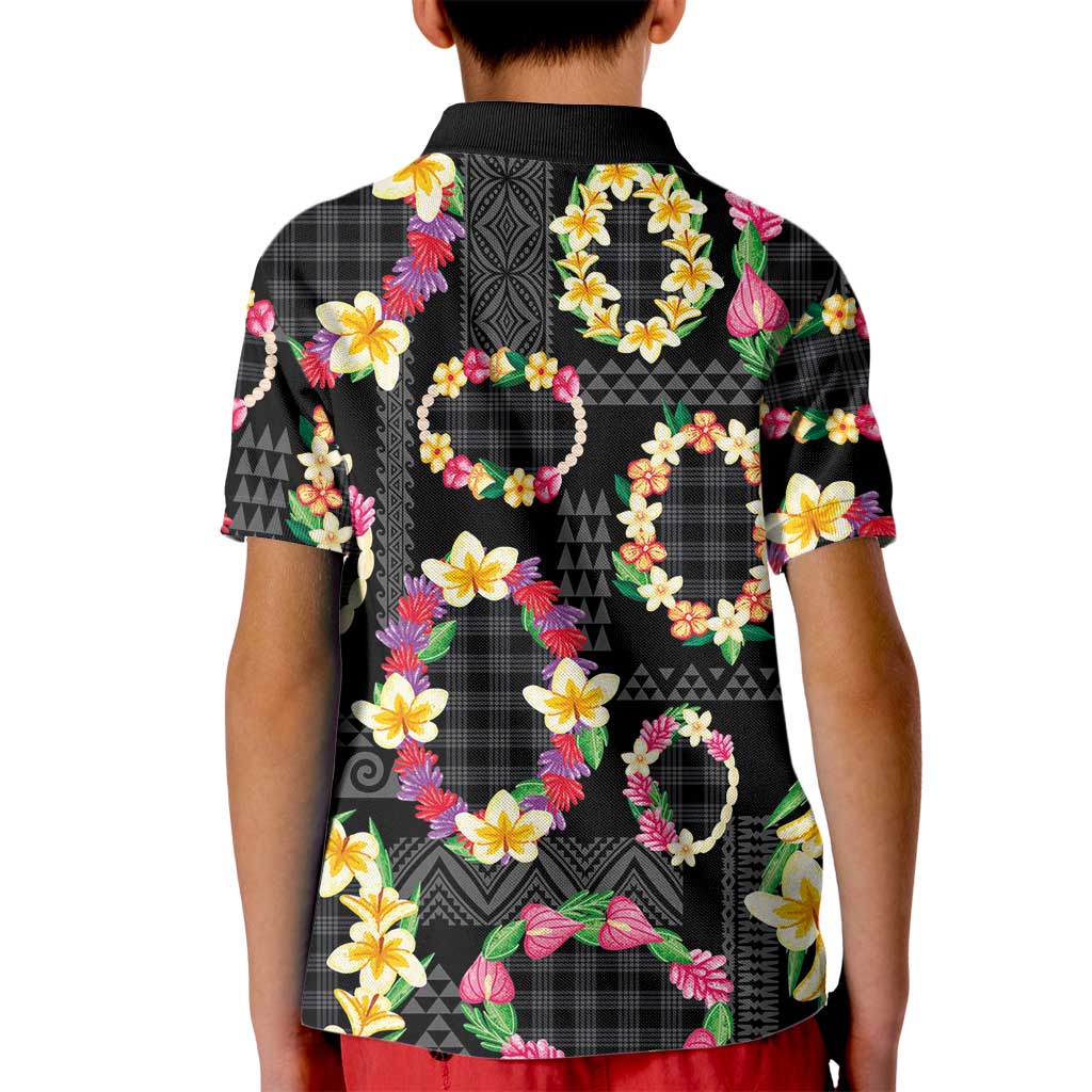 Hawaiian Kakau Tattoo Leis and Palaka Pattern Kid Polo Shirt Traditional Aloha Tribal Black Color