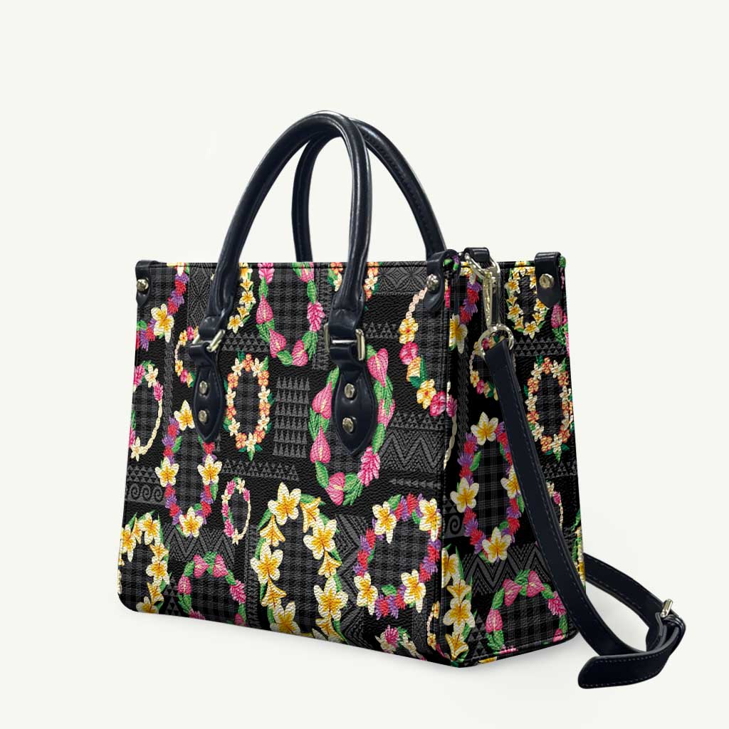 Hawaiian Kakau Tattoo Leis and Palaka Pattern Leather Bag Traditional Aloha Tribal Black Color