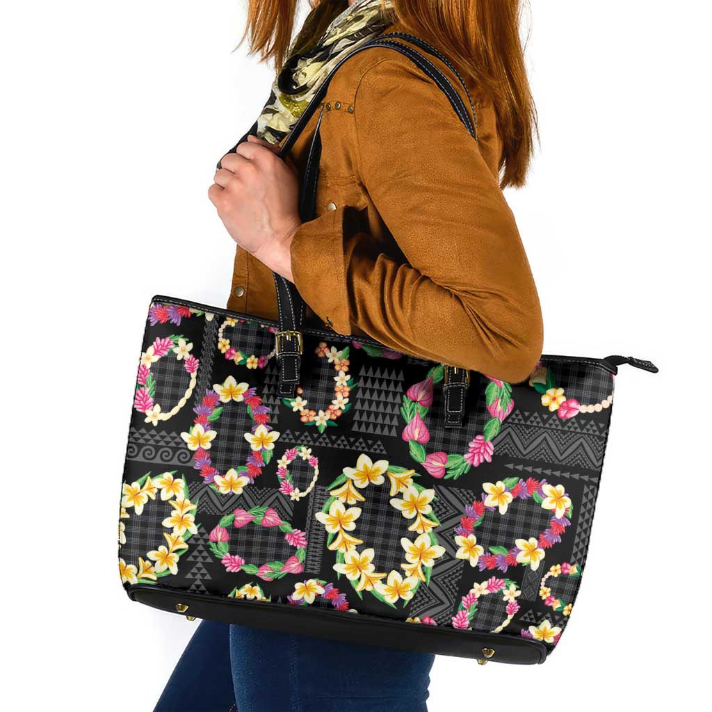 Hawaiian Kakau Tattoo Leis and Palaka Pattern Leather Tote Bag Traditional Aloha Tribal Black Color LT03 Black - Polynesian Pride