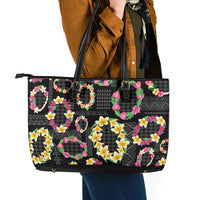 Hawaiian Kakau Tattoo Leis and Palaka Pattern Leather Tote Bag Traditional Aloha Tribal Black Color LT03 - Polynesian Pride