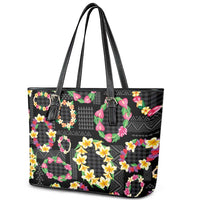 Hawaiian Kakau Tattoo Leis and Palaka Pattern Leather Tote Bag Traditional Aloha Tribal Black Color LT03 - Polynesian Pride