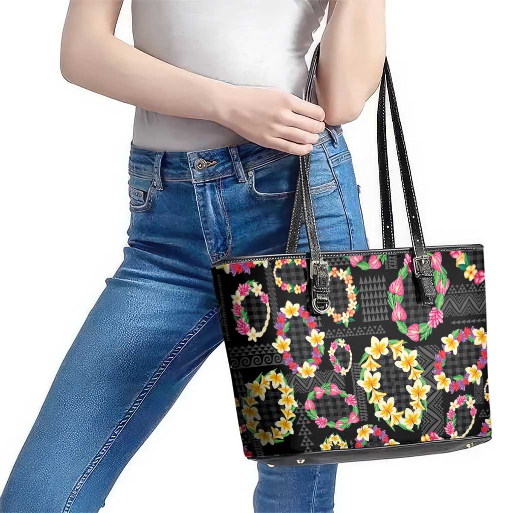 Hawaiian Kakau Tattoo Leis and Palaka Pattern Leather Tote Bag Traditional Aloha Tribal Black Color LT03 - Polynesian Pride