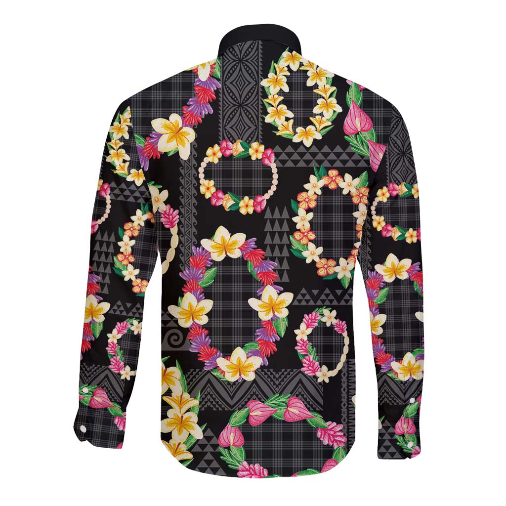 Hawaiian Kakau Tattoo Leis and Palaka Pattern Long Sleeve Button Shirt Traditional Aloha Tribal Black Color LT03 - Polynesian Pride
