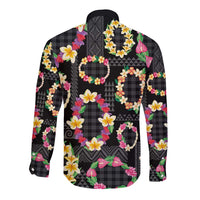 Hawaiian Kakau Tattoo Leis and Palaka Pattern Long Sleeve Button Shirt Traditional Aloha Tribal Black Color LT03 - Polynesian Pride