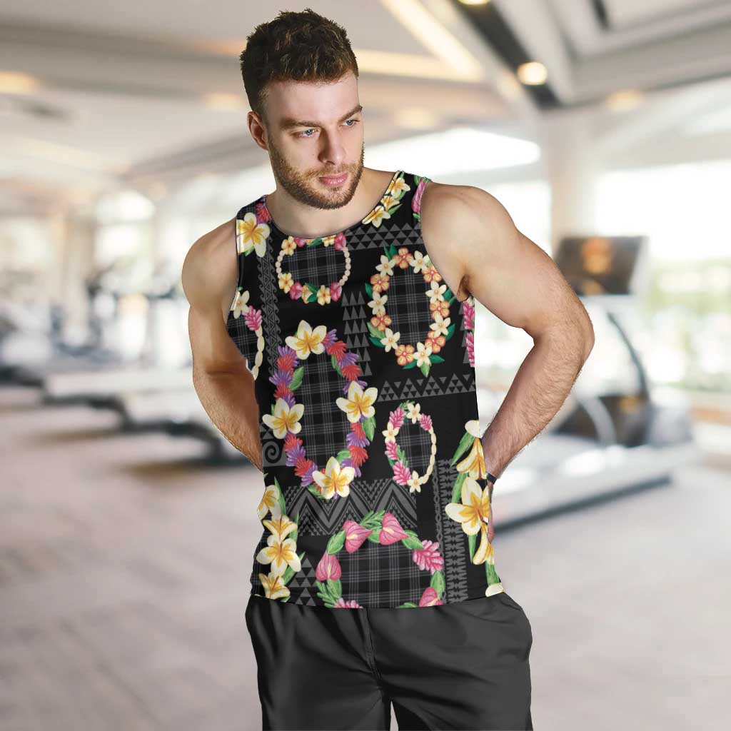 Hawaiian Kakau Tattoo Leis and Palaka Pattern Men Tank Top Traditional Aloha Tribal Black Color LT03 Black - Polynesian Pride