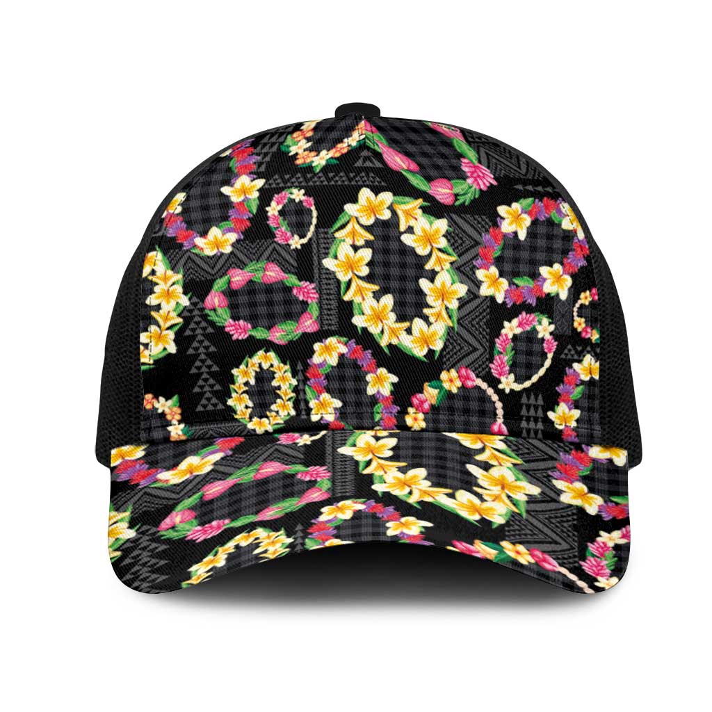 Hawaiian Kakau Tattoo Leis and Palaka Pattern Mesh Trucker Cap Traditional Aloha Tribal Black Color LT03 One Size Black Black - Polynesian Pride