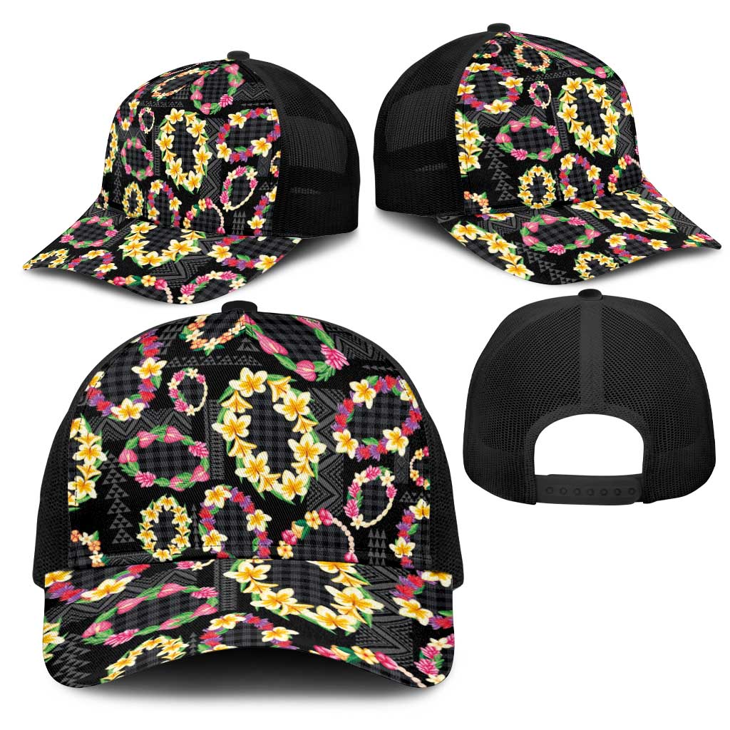 Hawaiian Kakau Tattoo Leis and Palaka Pattern Mesh Trucker Cap Traditional Aloha Tribal Black Color LT03 - Polynesian Pride