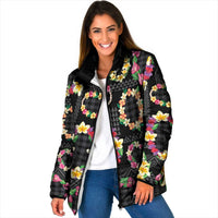 Hawaiian Kakau Tattoo Leis and Palaka Pattern Padded Jacket Traditional Aloha Tribal Black Color LT03 Women Black - Polynesian Pride