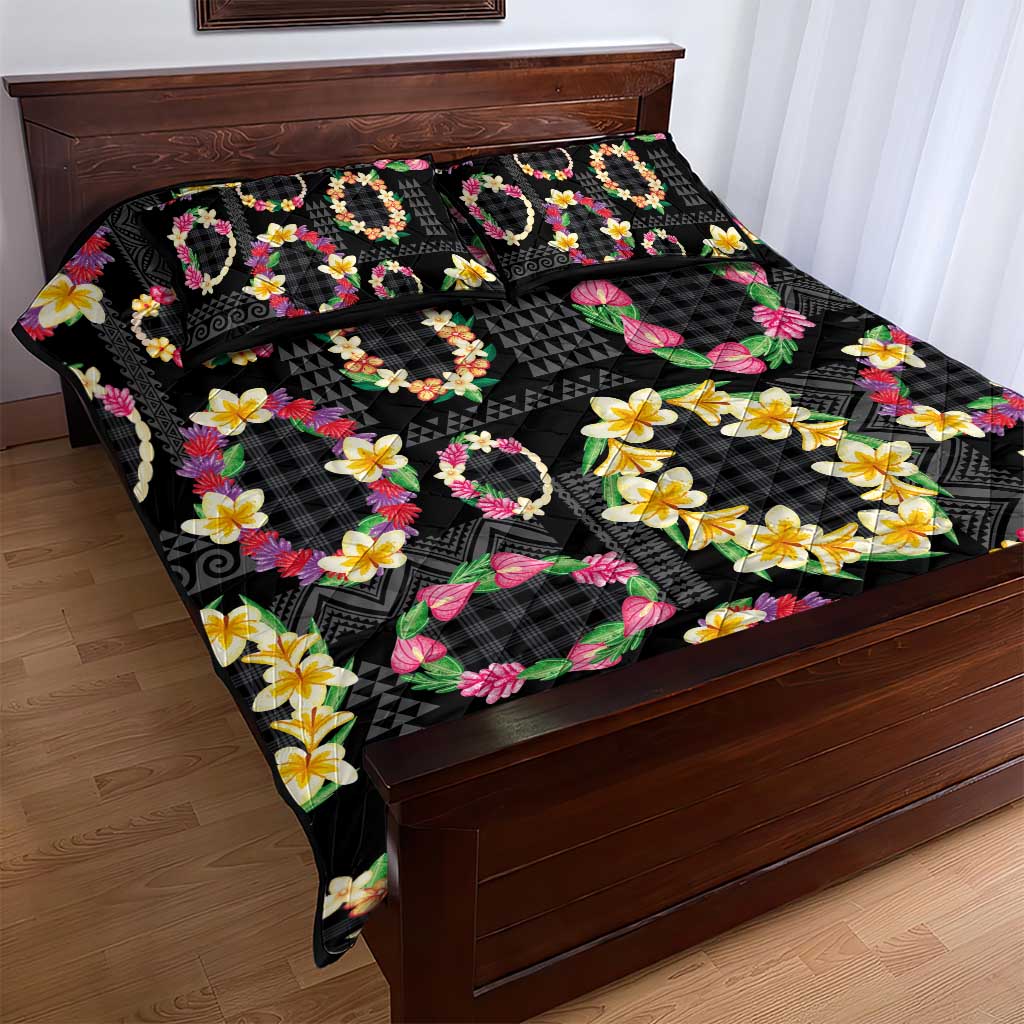 Hawaiian Kakau Tattoo Leis and Palaka Pattern Quilt Bed Set Traditional Aloha Tribal Black Color LT03 - Polynesian Pride