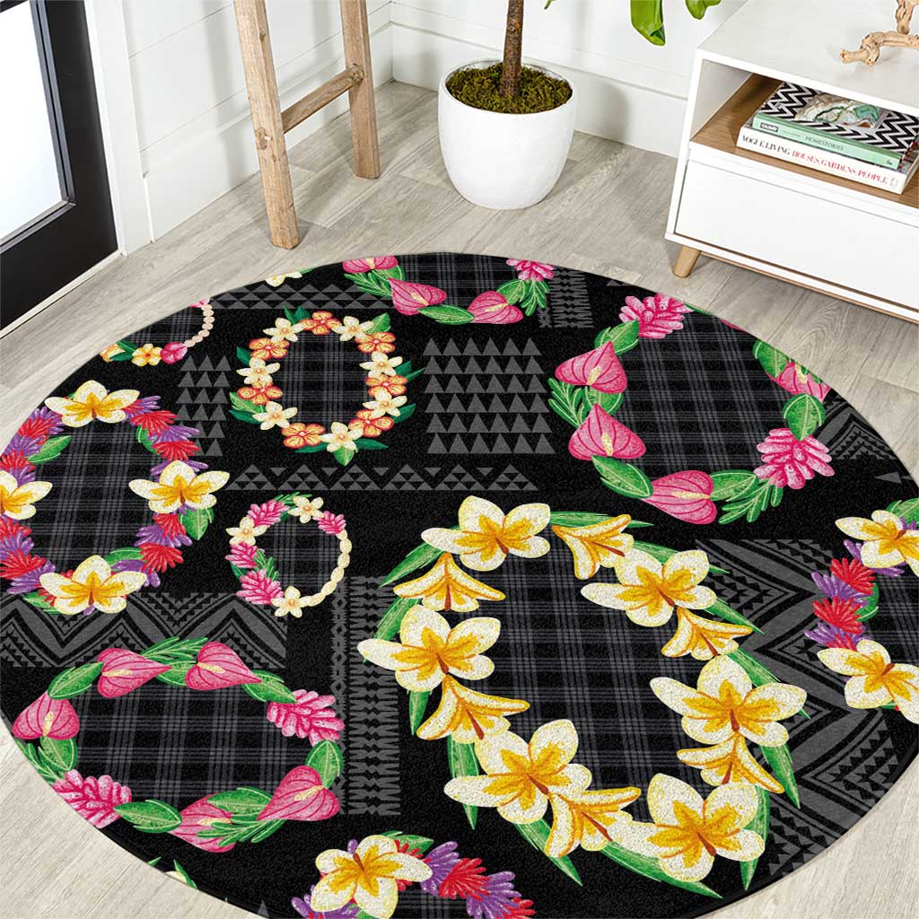 Hawaiian Kakau Tattoo Leis and Palaka Pattern Round Carpet Traditional Aloha Tribal Black Color LT03 Black - Polynesian Pride
