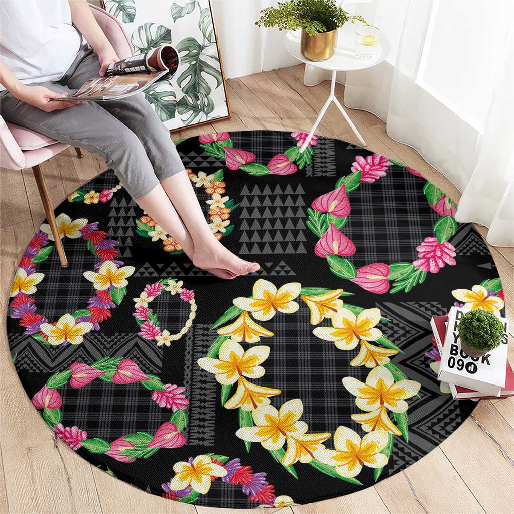 Hawaiian Kakau Tattoo Leis and Palaka Pattern Round Carpet Traditional Aloha Tribal Black Color LT03 - Polynesian Pride