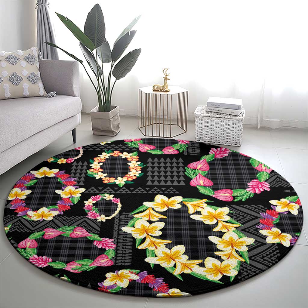 Hawaiian Kakau Tattoo Leis and Palaka Pattern Round Carpet Traditional Aloha Tribal Black Color LT03 - Polynesian Pride