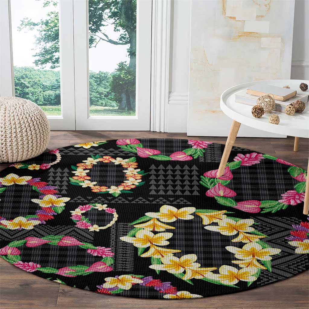 Hawaiian Kakau Tattoo Leis and Palaka Pattern Round Carpet Traditional Aloha Tribal Black Color LT03 - Polynesian Pride
