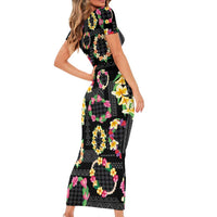 Hawaiian Kakau Tattoo Leis and Palaka Pattern Short Sleeve Bodycon Dress Traditional Aloha Tribal Black Color