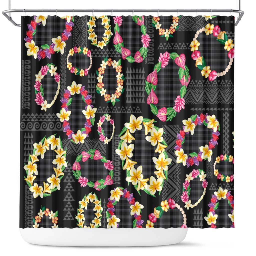Hawaiian Kakau Tattoo Leis and Palaka Pattern Shower Curtain Traditional Aloha Tribal Black Color LT03 Black - Polynesian Pride