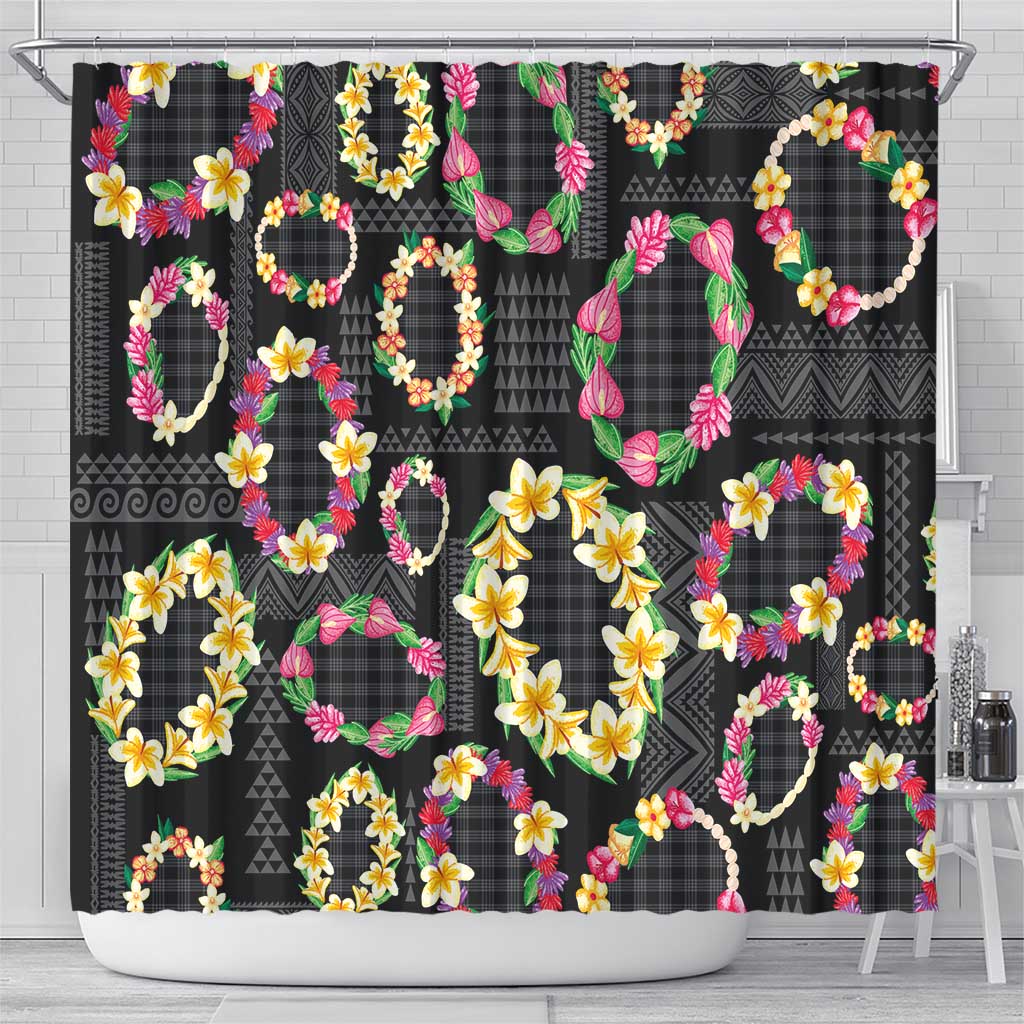 Hawaiian Kakau Tattoo Leis and Palaka Pattern Shower Curtain Traditional Aloha Tribal Black Color LT03 - Polynesian Pride