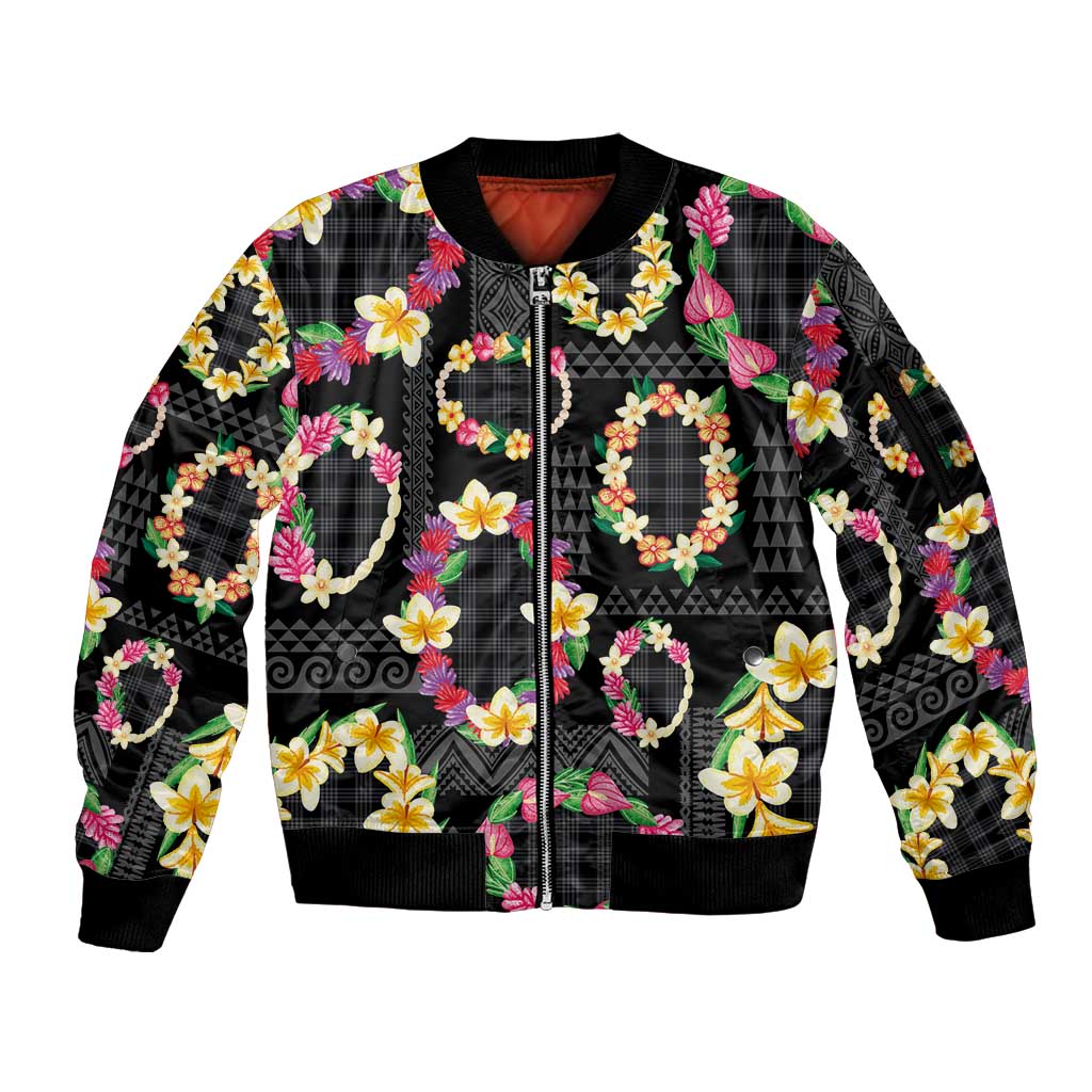 Hawaiian Kakau Tattoo Leis and Palaka Pattern Sleeve Zip Bomber Jacket Traditional Aloha Tribal Black Color
