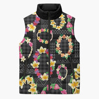 Hawaiian Kakau Tattoo Leis and Palaka Pattern Sleeveless Puffer Jacket Traditional Aloha Tribal Black Color LT03 Unisex Black - Polynesian Pride
