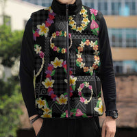 Hawaiian Kakau Tattoo Leis and Palaka Pattern Sleeveless Puffer Jacket Traditional Aloha Tribal Black Color LT03 - Polynesian Pride