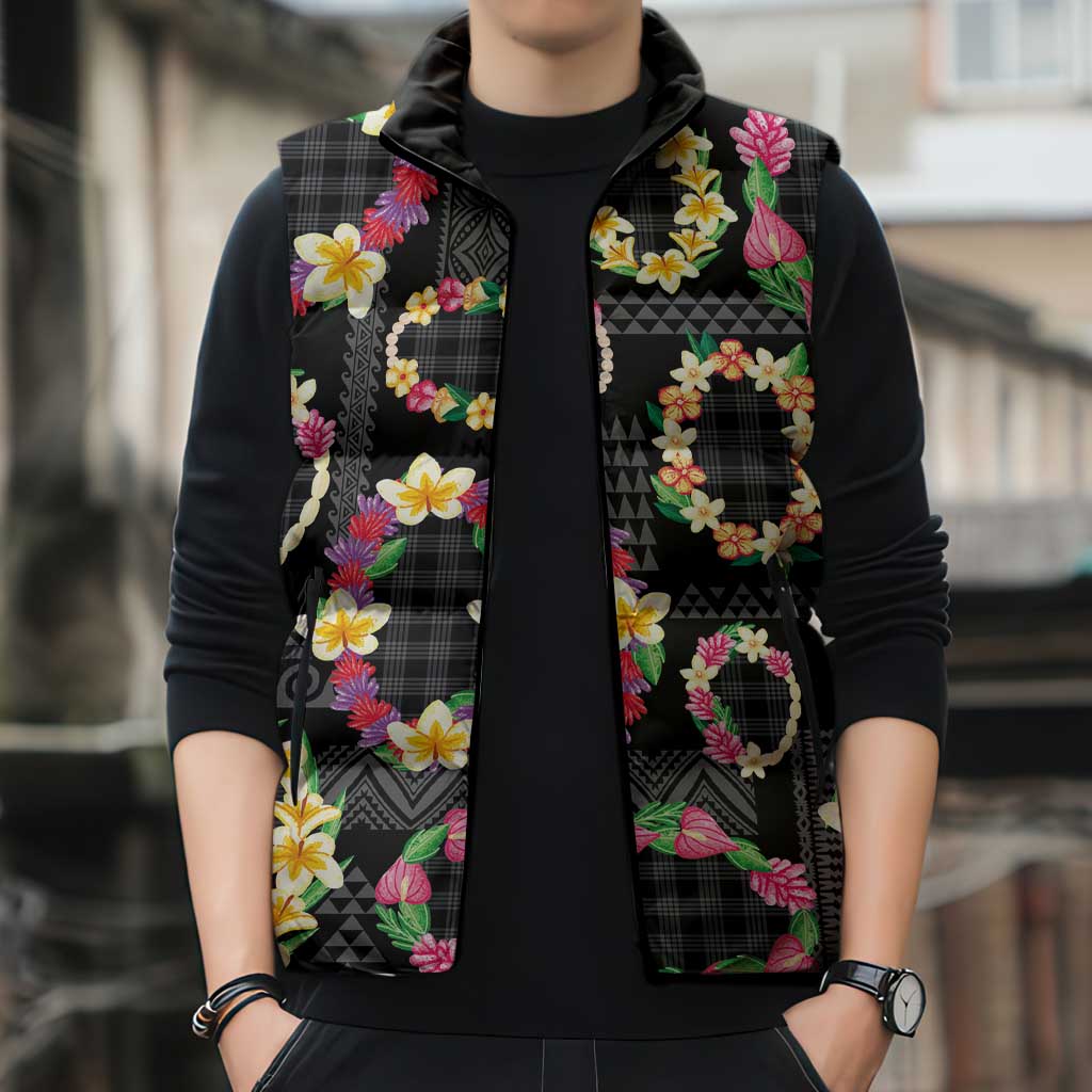 Hawaiian Kakau Tattoo Leis and Palaka Pattern Sleeveless Puffer Jacket Traditional Aloha Tribal Black Color LT03 - Polynesian Pride
