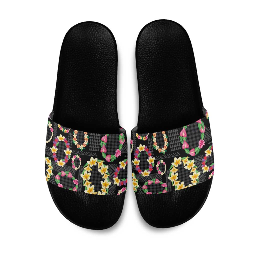 Hawaiian Kakau Tattoo Leis and Palaka Pattern Slide Sandals Traditional Aloha Tribal Black Color LT03 Black - Polynesian Pride