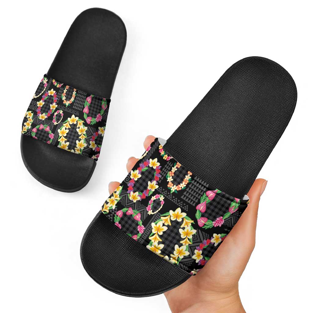 Hawaiian Kakau Tattoo Leis and Palaka Pattern Slide Sandals Traditional Aloha Tribal Black Color LT03 - Polynesian Pride