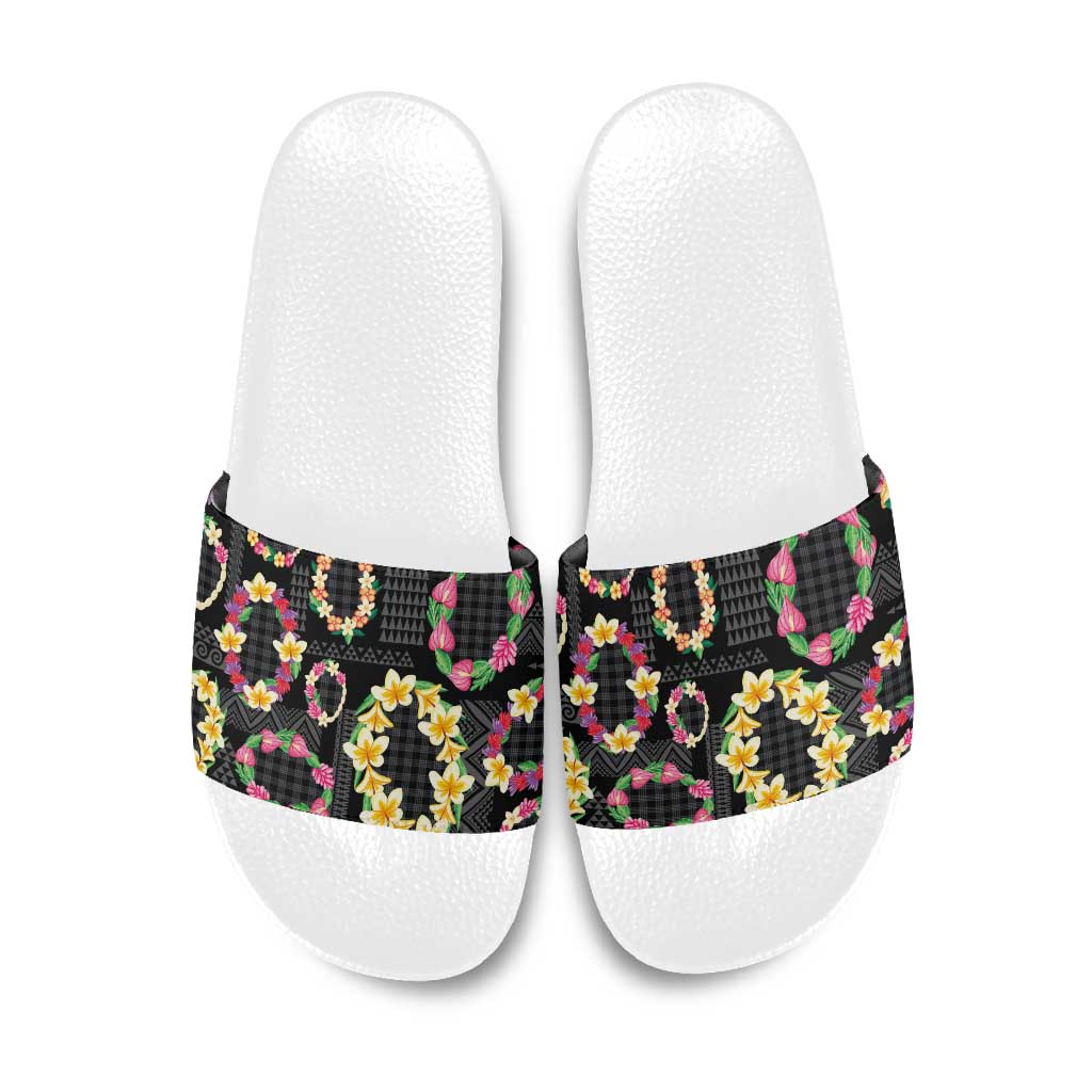 Hawaiian Kakau Tattoo Leis and Palaka Pattern Slide Sandals Traditional Aloha Tribal Black Color LT03 Black - Polynesian Pride