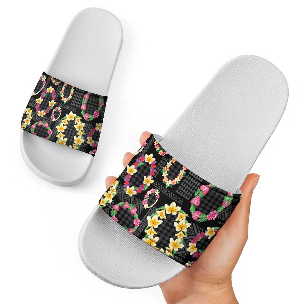 Hawaiian Kakau Tattoo Leis and Palaka Pattern Slide Sandals Traditional Aloha Tribal Black Color LT03 - Polynesian Pride