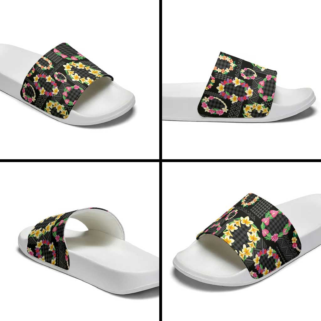 Hawaiian Kakau Tattoo Leis and Palaka Pattern Slide Sandals Traditional Aloha Tribal Black Color LT03 - Polynesian Pride