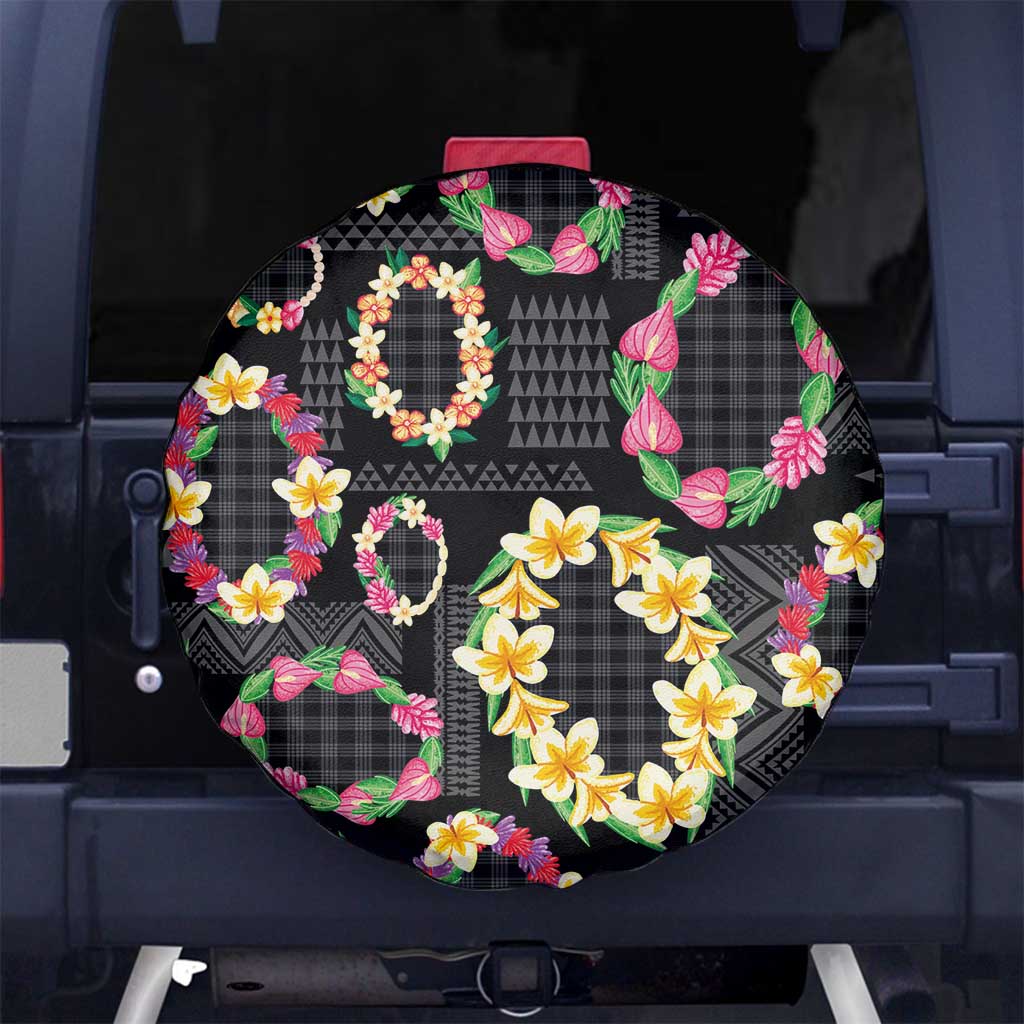 Hawaiian Kakau Tattoo Leis and Palaka Pattern Spare Tire Cover Traditional Aloha Tribal Black Color