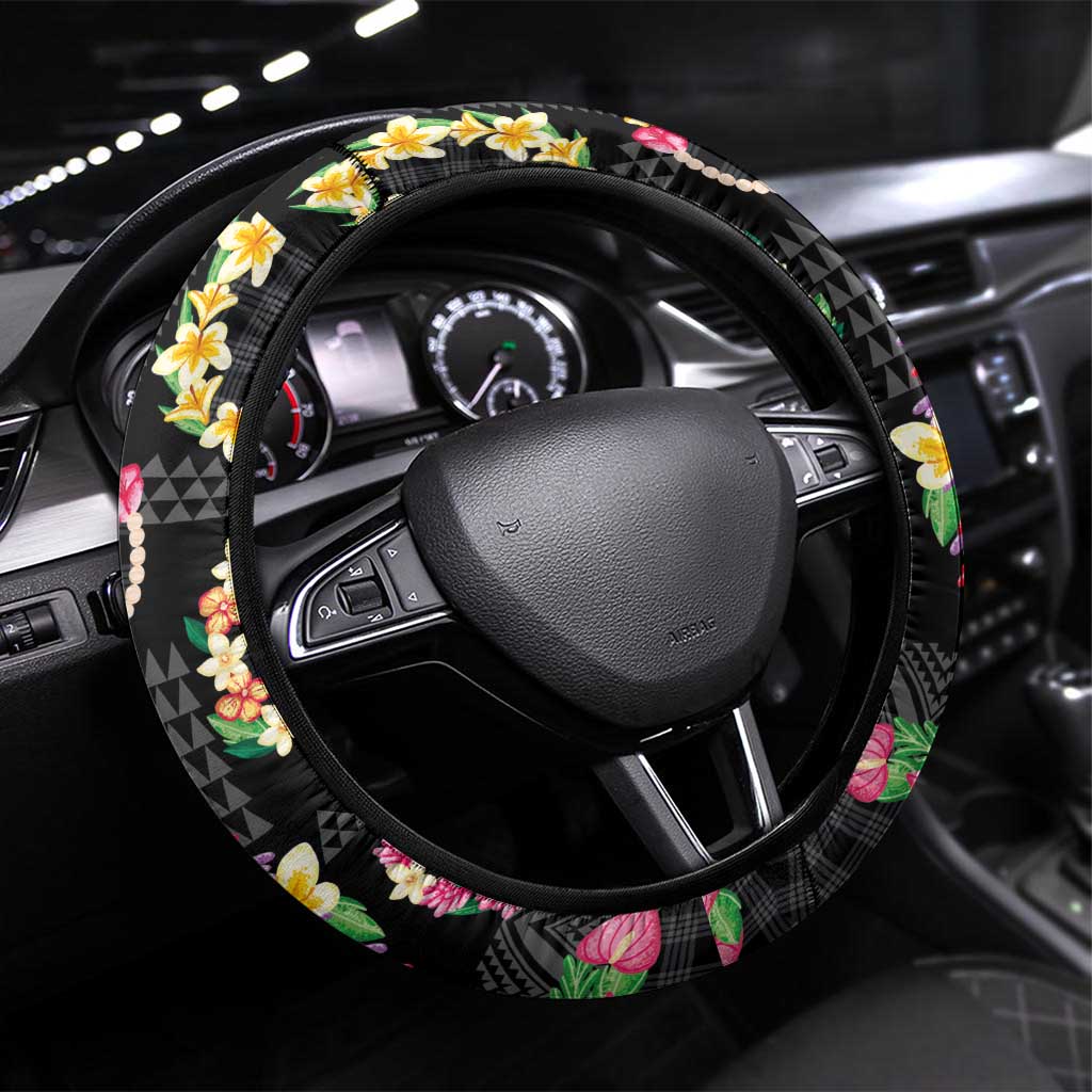 Hawaiian Kakau Tattoo Leis and Palaka Pattern Steering Wheel Cover Traditional Aloha Tribal Black Color LT03 Universal Fit Black - Polynesian Pride