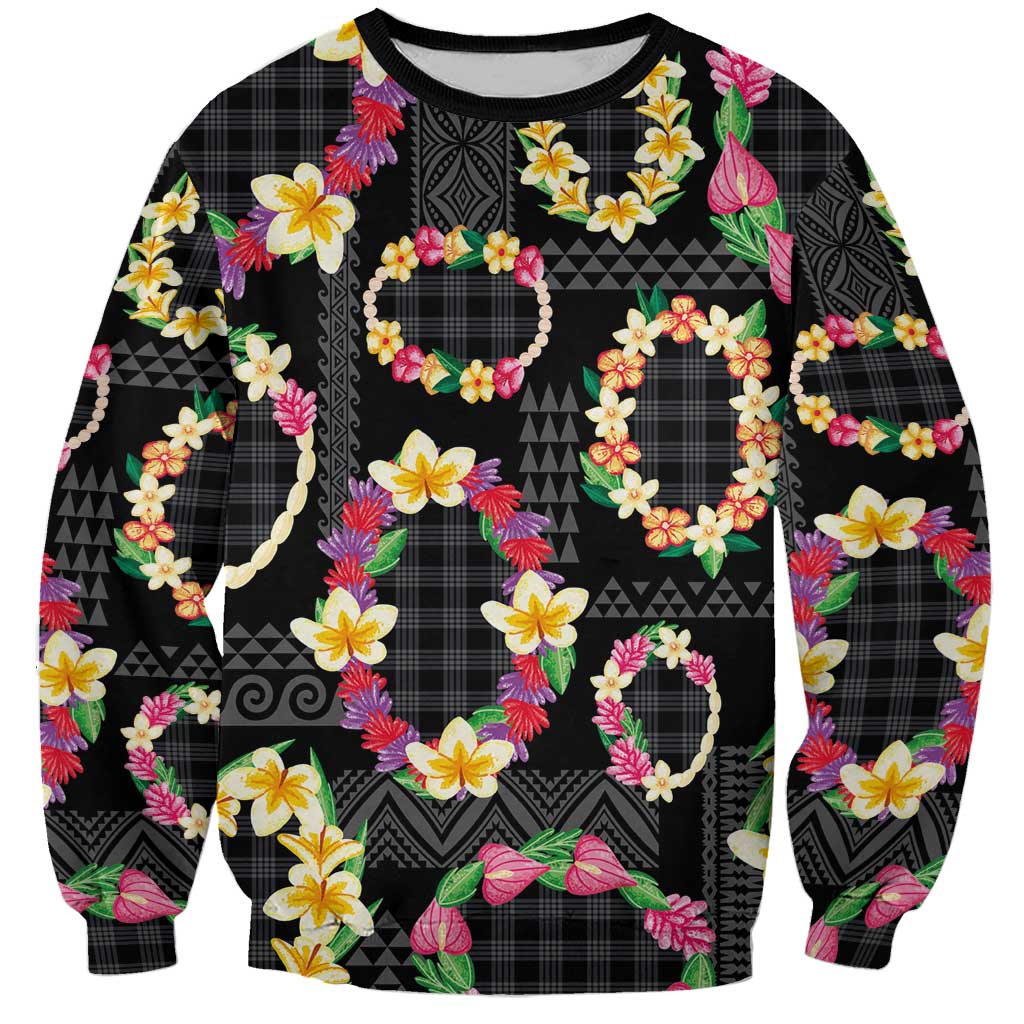 Hawaiian Kakau Tattoo Leis and Palaka Pattern Sweatshirt Traditional Aloha Tribal Black Color LT03 Unisex Black - Polynesian Pride
