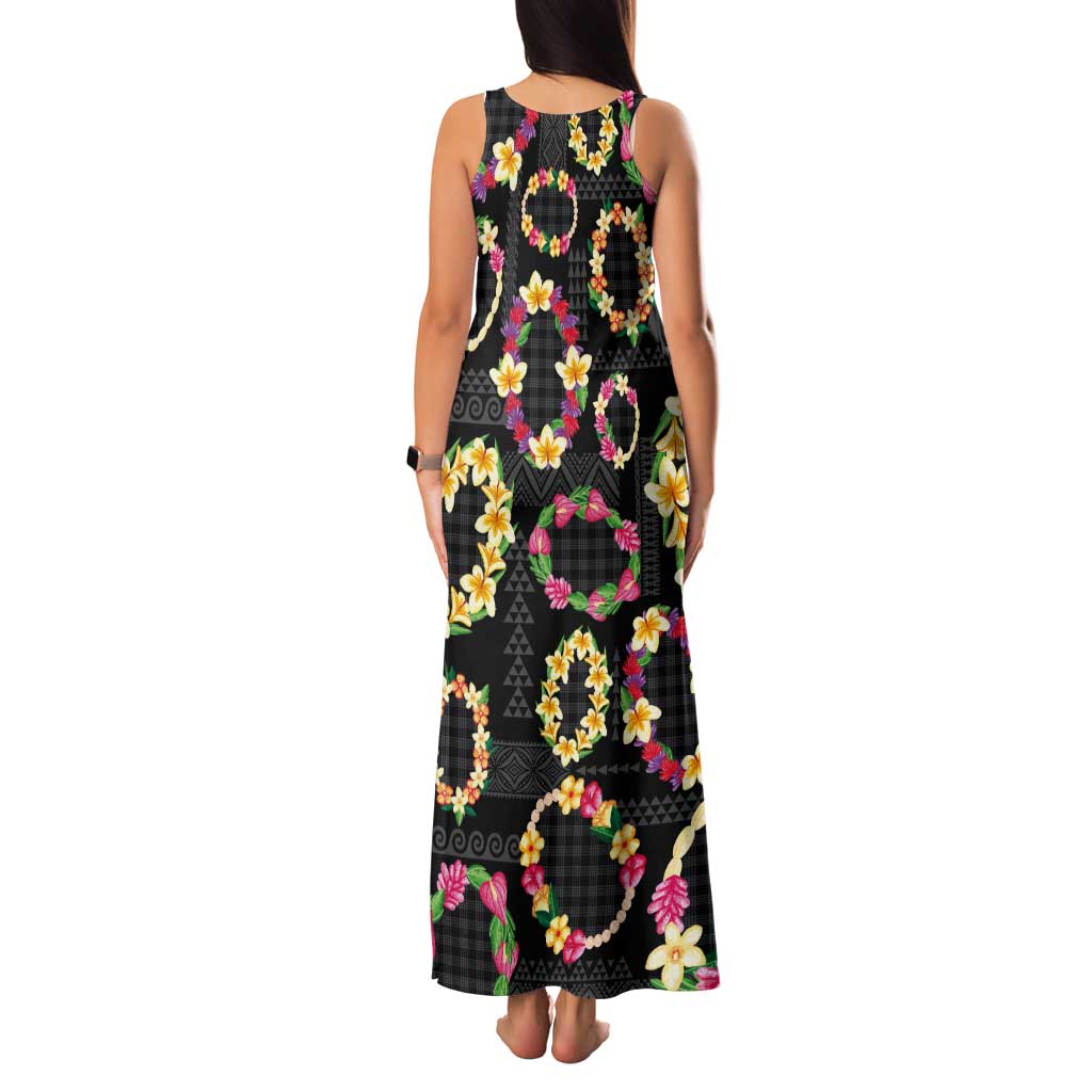 Hawaiian Kakau Tattoo Leis and Palaka Pattern Tank Maxi Dress Traditional Aloha Tribal Black Color