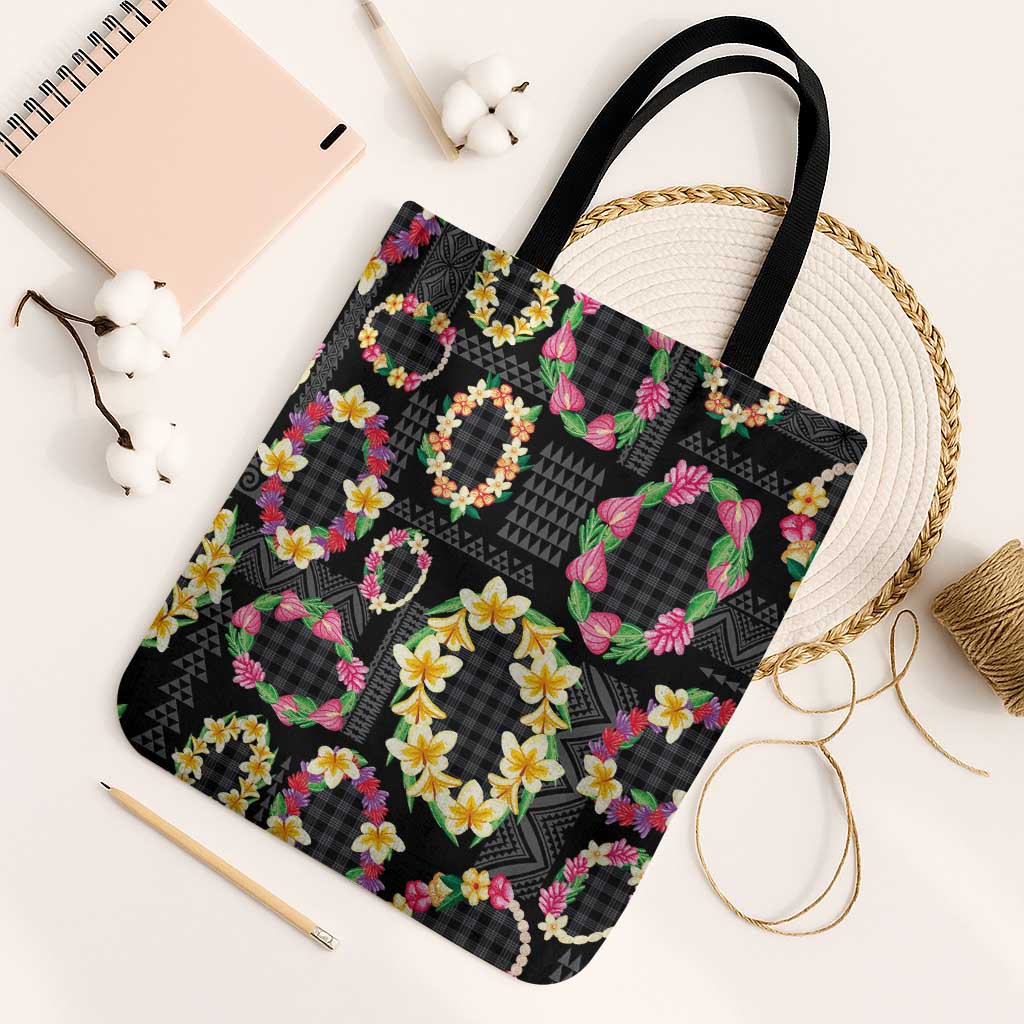 Hawaiian Kakau Tattoo Leis and Palaka Pattern Tote Bag Traditional Aloha Tribal Black Color