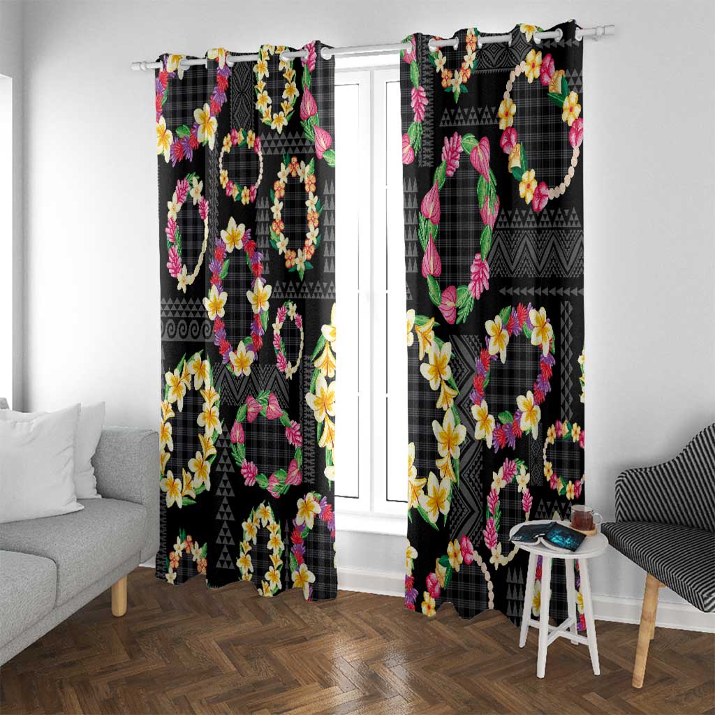 Hawaiian Kakau Tattoo Leis and Palaka Pattern Window Curtain Traditional Aloha Tribal Black Color LT03 With Grommets Black - Polynesian Pride